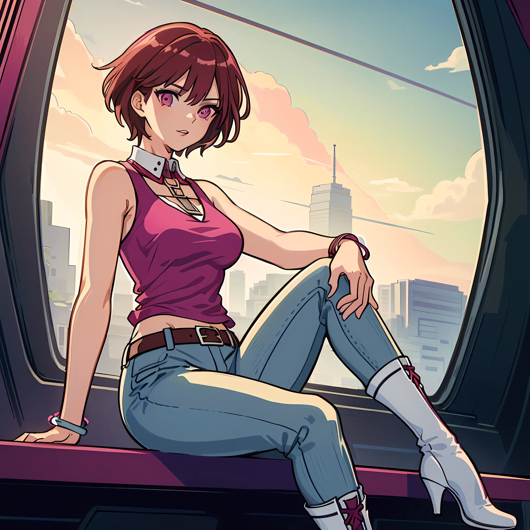 ((mature female, masterpiece, mistress, goddess)),((masterpiece: 1.2)),ultra-detailed, ultra high res, high quality, 4K, solo, 1girl,extreamly delicate and beautiful,illustration,masterpiece,(illustration),(highres),short hair,fullbody,short dark magenta hair and dark pink eyes. pink tank top with a round collar, light blue capri jeans, a brown belt with a large elliptic silver buckle, white boots with coral soles, markings and laces.