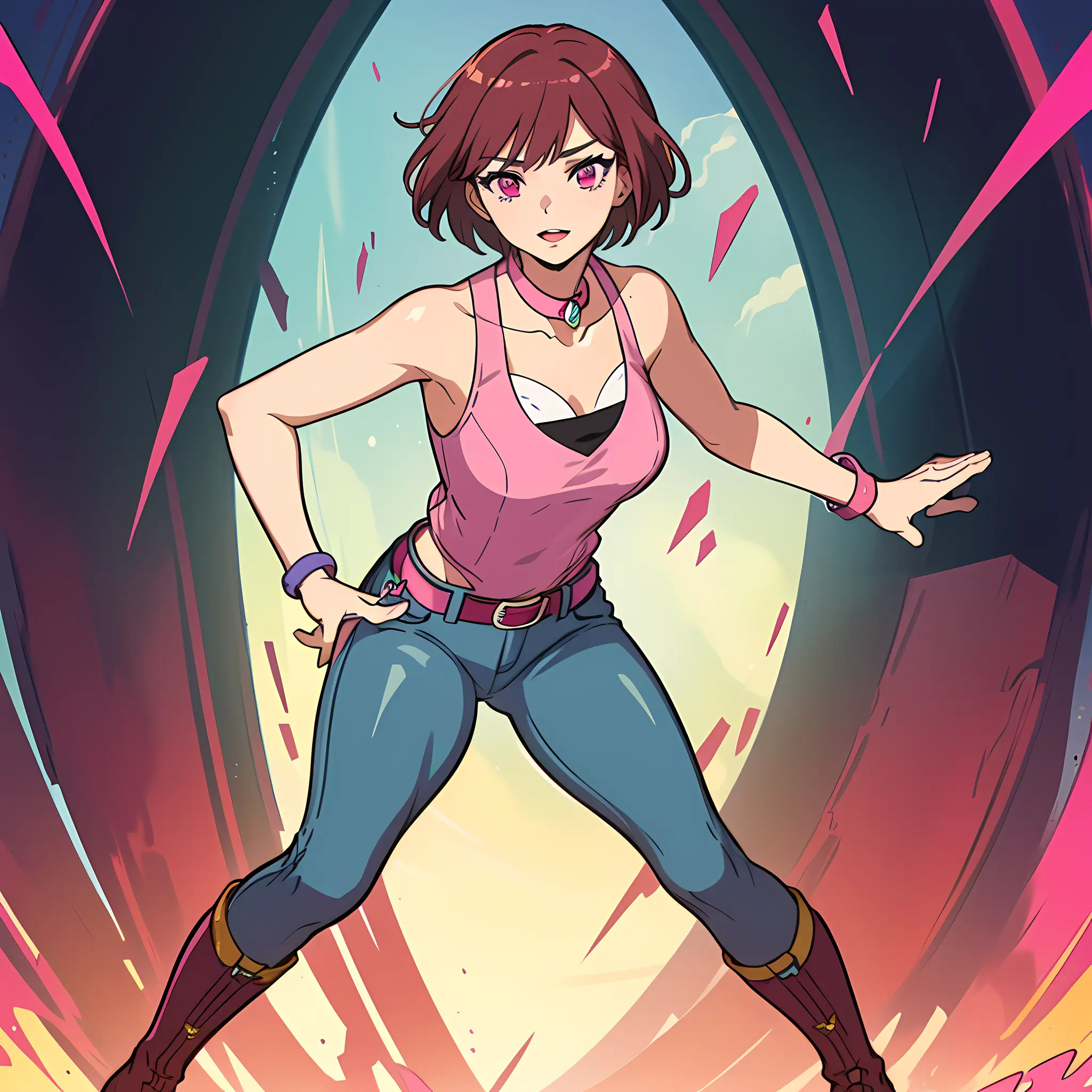 ((mature female, masterpiece, mistress, goddess)),((masterpiece: 1.2)),ultra-detailed, ultra high res, high quality, 4K, solo, 1girl,extreamly delicate and beautiful,illustration,masterpiece,(illustration),(highres),short hair,fullbody,short dark magenta hair and dark pink eyes. hot pink-and-white half-sleeve jacket with two yellow upside down triangle marks on the chest, a short darker pink jumpsuit with a partially white collar underneath, a white belt with a light pink buckle, and high-heeled white boots.