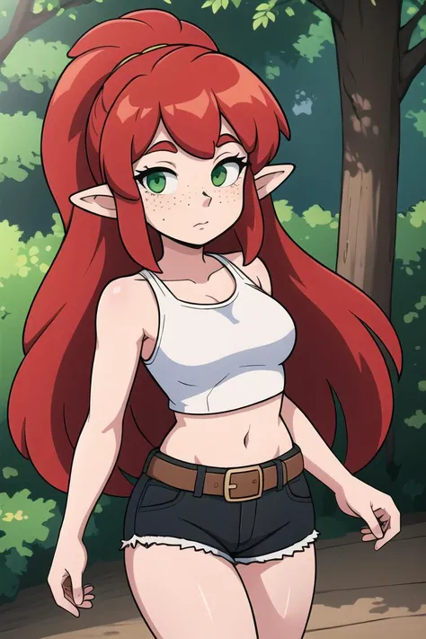 high quality, best quality, high-res, 8k, absurdres, 1girl, long hair, (red hair), green eyes, pointy ears, freckles, outdoors, forest, bare shoulders, belt, crop top, shorts, <lora:tune:0.5>