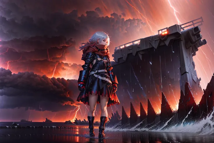 ((SFW)),admiral graf spee (azur lane), 1girl, solo, scarf, streaked hair, mechanical hands, dress, red scarf, cross, boots, black dress, breasts, white hair,
Sea background, looking  right, ((tempest, rain, storm, lightning, red sky)), profile, (establishing shot:1.5), (side view:1.5)
  <lora:model_admiralGrafSpeeAzur_bigClaws:0.7>