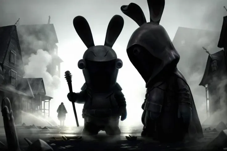 (H. P. Lovecraft, Cthulhu:1.3), (rabbit ears, standing, full body:1.3), a pier in a foggy settlement in the background, creepy dark atmosphere <lora:Raving Rabbids:1> Raving Rabbids, no human, (foggy background, fog, mist, epic realistic, rutkowski, hdr, intricate details, hyperdetailed, cinematic, rim light, rtx ray tracing reflections, muted colors:1.2), faded, depth of field, complex background, dramatic light  <lora:ApocalypseEngine2:0.7> POST-APOC, POSTAPOC_CHARACTER, (anime), (illustration), cartoon, detailed
