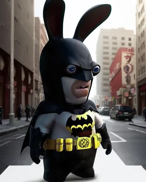 (batman:1.3), (rabbit ears, standing, full body:1.3), outdoor gotham city in the background <lora:Raving Rabbids:1> Raving Rabbids, no human, (HDR:1.2), (foggy background, epic realistic, rutkowski, intricate details, hyperdetailed, cinematic, rim light, RTX ray tracing reflections)