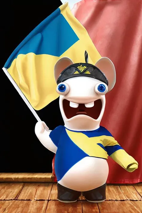 (holding the flag of Ukraine in hands:1.3)of a Geeky curvy Costa Rican Raving Rabbids, Mountain biking, Hands on face, from inside of a Ranch house, split diopter, Movie still, Prehistoricore, macro lens, art by Algernon Blackwood, <lora:Raving Rabbids:1>