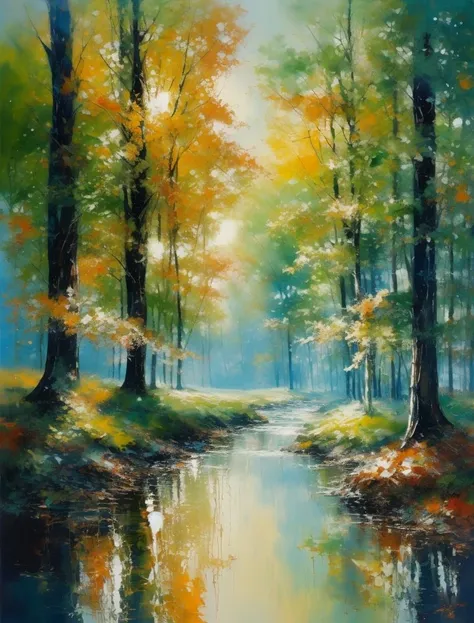 <lora:Modern Impasto Style_20230825004459:1>,Modern Impasto Style,abstract art, nature, outdoors, tree, scenery, forest, water, plant, green theme, arm up, sunlight, leaf, solo