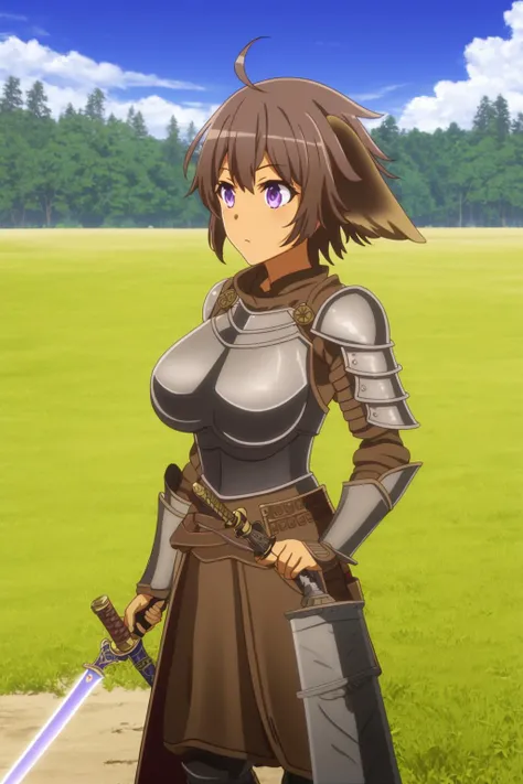 sysdeep_elbia, 1girl, solo, breasts, short_hair, large_breasts, brown_hair, elbia_hair, medium_breasts, purple_eyes, ahoge, dark-skinned_female, metal_armor, knight, outdoors, holding_sword, sword_fight, battleground
