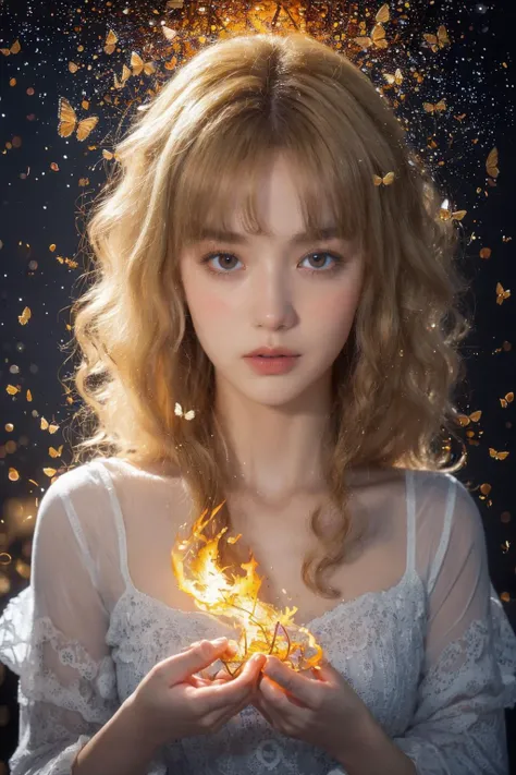 (A charming 24 yo Swedish curly blonde),
[ : shifted reality, elemental butterflies rage, broken reflections, magic fireflies tornado,
liquid fire flow, chaotic flowers, fierce night,
heartbreaking fantasy art, mind-blowing painting, unreal scenery : 0.1]