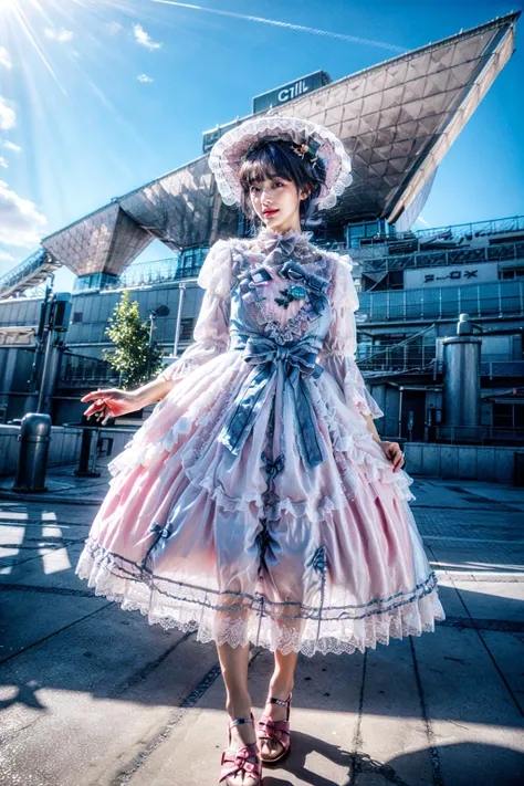 <lora:lo_dress_classic_style4_v1:0.7>, service smile, soft light, light on face, dynamic posture,
BREAK((solo, 1woman, adorable , young female, young face), (full body:1.3), dynamic angle, detailed shadow, detailed lightning, (wide view, wide-angle lens)),
BREAK(lo dress, layered dress, long dress, lace-trimmed dress, frills, puffy sleeves, wide sleeves, bow, jewelry, long sleeves, hat, pink dress):1.2,
BREAK(perfect(anatomy,body,face,hand,leg,foot),(aqua eyes, (multicolor sky blue hairs), long hairs, drill hairs):1.2),
BREAK(beautiful detailed girl, glossy pink lips, (milky skin, shiny skin):1.25, makeup, vibe idol)
BREAK(cozy, outdoor, <lora:TokyoBigSight:0.8>, BigSight, spring, afternoon),
BREAK(<lora:more_details:0.7>, extremely detailed, CG, 8k Amazing, finely detail, (masterpiece:2.0, best quality), (intricate details, depth of field)),
BREAK((<lora:uber_saggy2:0.6>, saggy, sagging_breasts, huge breasts)),