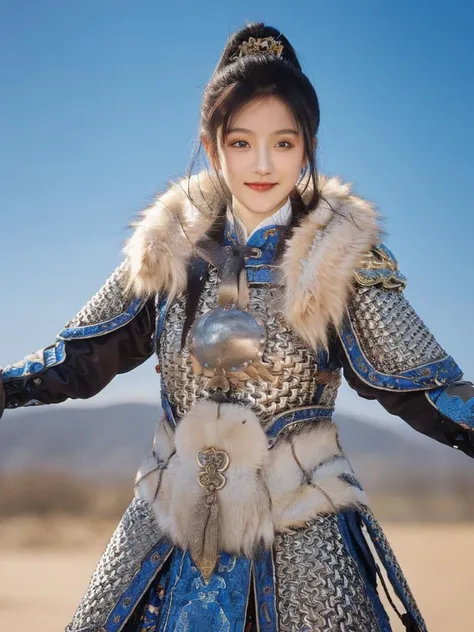 Chinese_armor,a 21 year old chinese girl,Women's armor,solo,shoulder_armor,Fur,Background of ancient Chinese cities,blue_sky,detailed_eyes,looking at viewer,smiling,masterpiece, best quality,perfect eyes, perfect face, perfect lighting, 8K,perfect anatomy,   <lora:Qigeä¸­å½ç²è-æ-å±±æç²_v1.0:0.75>
