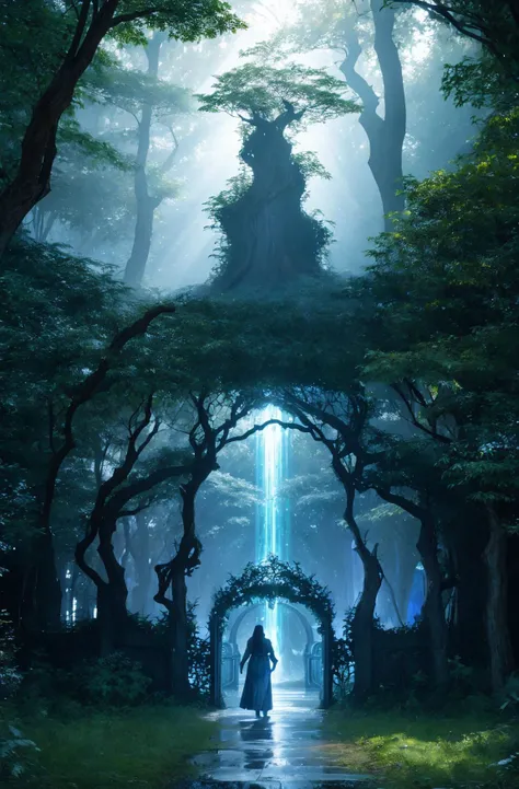 (Digital Artwork:1.3) of (Sketched:1.1) octane render of a mysterious dense forest with a large (magical:1.2) gate (portal:1.3) to the eternal kingdom, blade runner, intricate (vine:1.2), massive tree in liquid metal, realistic digital painting portrait, shot at 8k resolution, petrol liquid, pastel color, splash art, blue and purple magic universe, light engrave in intricate details, (light particle:1.2), (game concept:1.3), (depth of field:1.3), global illumination,Highly Detailed,Trending on ArtStation