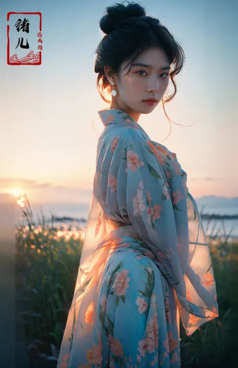masterpiece, best quality, 32k uhd, insane details, intricate details, hyperdetailed, hyper quality, high detail, ultra detailed, Masterpiece,
The fleeting beauty of a sunset, day giving way to night, studio light , Harper's Bazaar , Kodak Portra 400 , Halftone print , Chemigram , (Portrait shot with peach and cyan lighting Paul Zizka:1.3), Xu Beihong, Bertil Nilsson, blury background, depth of field,
Phantom light,(backlighting:1.3),floral print, sunset, sky, ocean,
1girl, solo, earrings, jewelry, lips, dlosed mouth, blue eyes, (full body:1.4), (long legs:1.3), (Milky skin, shiny skin:1.3)kimono,
own hands together,  veil, power lines, water,
<lora:~Q?-hCRQI_qPhantom light:0.95>