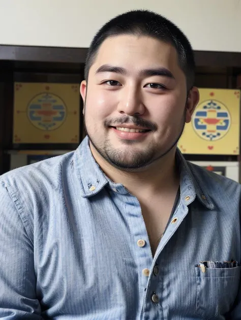 best quality,masterpiece,high res,hdr,(of asia:1.2),(a very fat man stood looking into the distance:1.1),(chinese:1.3),(no beard:1.2),very cute,(buzz cut:1.2),(round face eyebrow glasses:1.2),(cowboy_shot:1.4),random dynamic angle lens,<lora:AsianMaleRG:0.3>,detailed,realistic,real skin,smile,