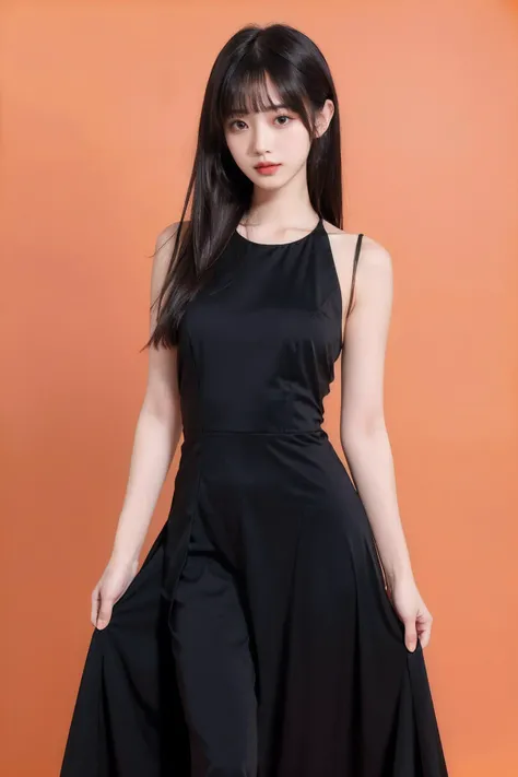 1girl,moyou,hair with bangs,black long dress,orange background,