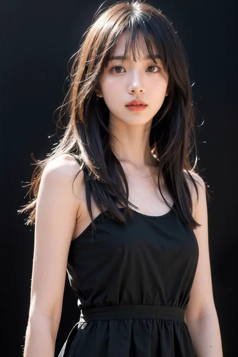 1girl,moyou,hair with bangs,black long dress,orange background,