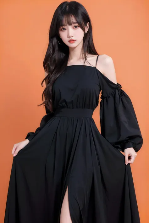 1girl,moyou,hair with bangs,black long dress,orange background,