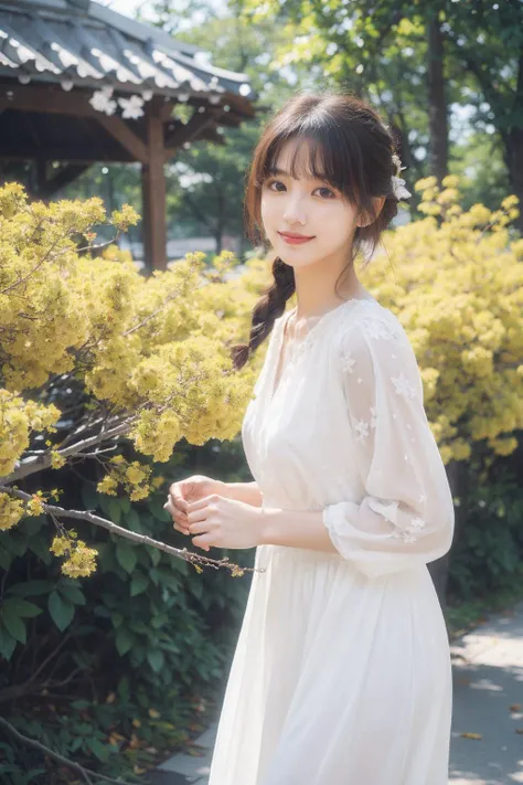 1girl,moyou,full body,stars in the eyes,pure girl,(full body:0.5),There are many scattered luminous petals,hidding in the light yellow flowers,Depth of field,Many scattered leaves,branch,angle,contour deepening,cinematic angle,white dress,smiling,
