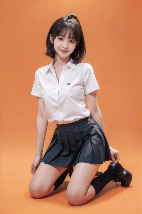 1girl,moyou,orange background,pleated_skirt,white shirt,kneeling,smile,