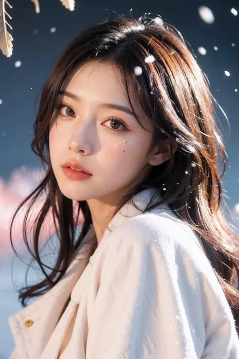1girl,moyou,masterpiece,golden and orange swirling vortexes colourful cloudy and smoke and colorful background,(snowing) (( swirling vortexes colourful hair)),wear white fur coat,((long Hair)),((right side)),emotional face,close up,studio light,studio,(((makeup portrait, pink eye shadow))),((with many golden and orange swirling vortexes colourful snow and feather on face)),