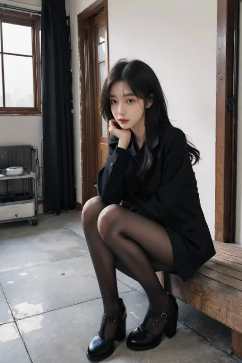 ulzzang-6500-v1.1, (raw photo:1.2), (photorealistic:1.4), beautiful detailed girl, very detailed eyes and face, beautiful detailed eyes, ridiculous, incredibly ridiculous, huge file size, super detailed, high resolution, very detailed, best quality, masterpiece, kemomimi, ((Japanese girls' high school uniform)), illustration, very detailed, CG, unified, 8k wallpaper, amazing, Fine details, masterpiece, best quality, very detailed CG uniform 8k wallpaper, light on face, cinematic lighting, 1girl, 22 years old, ((no panties)), ((dynamic pose))), (camel toe), (half), (pantyhose), (knee-bending leg sitting))