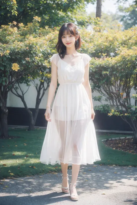 1girl,moyou,full body,stars in the eyes,pure girl,(full body:0.5),There are many scattered luminous petals,hidding in the light yellow flowers,Depth of field,Many scattered leaves,branch,angle,contour deepening,cinematic angle,white dress,smiling,