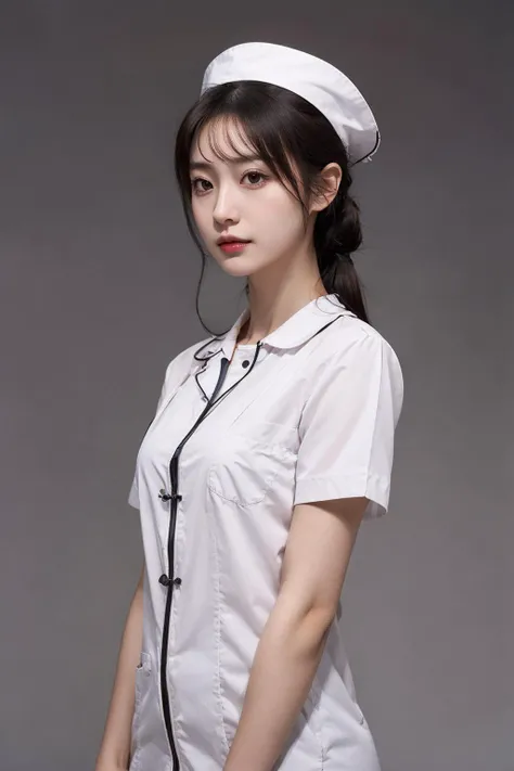 Black hair, white nurse's uniform on the upper body, open neckline, diagonal nurse's hat on the head, naked lower body, open legs, in the hospital, nurse, delicate skin, realistic shadows, very detailed