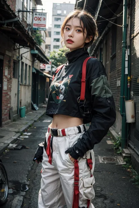 (masterpiece:1.1), (best quality:1.2), photorealism, (illustration), detailed 8k, a blonde girl at a [ruins city:4] on a (heavy rain), [walk:4] at the (post-apocalyptic city ruins), orange trousers with buckle and tape, Streetwear crop top, BREAK spectacularly beautiful girl, looking at the viewer, beautiful green eyes, smokey eyes, short blond hair, <lora:urbansamuraiv3testing:0.8> BREAK candid shot of a famous figure, (NSFW:1.2), (see-through shirt:1.2), 20 years old girl, solo girl, stunning, (small breast), tone body, <lora:add_detail:0.25>