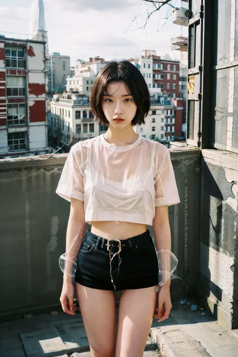 (masterpiece:1.1), (best quality:1.2), photorealism, (illustration), detailed 8k, a blonde girl at a [ruins city:4] on a (heavy rain), [walk:4] at the (post-apocalyptic city ruins), orange trousers with buckle and tape, Streetwear crop top, BREAK spectacularly beautiful girl, looking at the viewer, beautiful green eyes, smokey eyes, short blond hair, <lora:urbansamuraiv3testing:0.8> BREAK candid shot of a famous figure, (see-through shirt:1.2), 20 years old girl, solo girl, stunning, (small breast), tone body, <lora:add_detail:0.25>, <lora:Renhang_20230622161247:0.85>, <lora:Renhang_1-000014:1>
