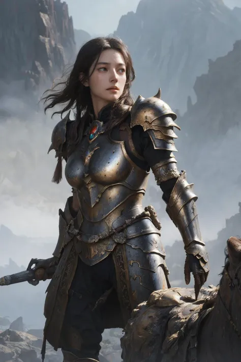 1girl 
bronze armor 
fantasy, surreal 
 battle
crystals
(oil painting, dry brush, Alan Lee)
 dramatic lighting