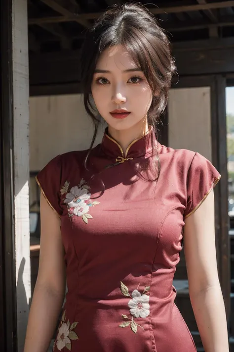 Best quality at best,Best image quality,Highest resolution,super detailing,chinadress,Short Sleeve Cheongsam,The cheongsam is made of satin,The gloss is soft and smooth,It's tight to the touch,Tight cheongsam,Red cheongsam,and wear no underwear,Chest is C cup,Full body photography allows the face to enter,The subject is alone,Shoot outdoors,soaking wet,Wearing sweat,