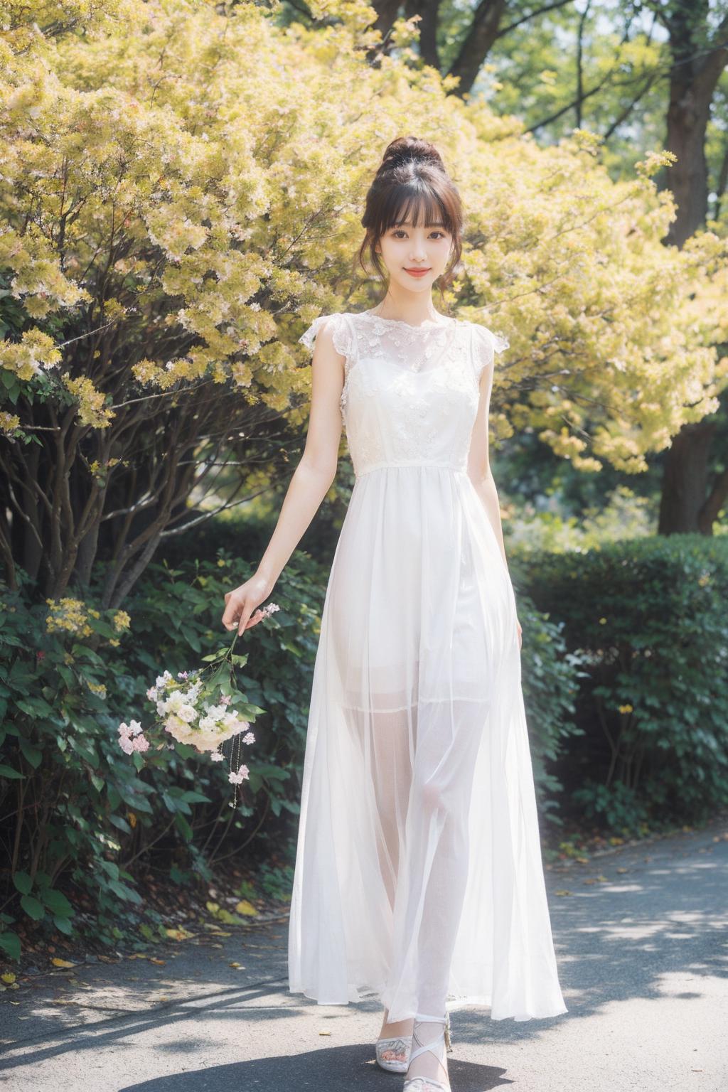 A woman in a white dress is walking down a path - SeaArt AI