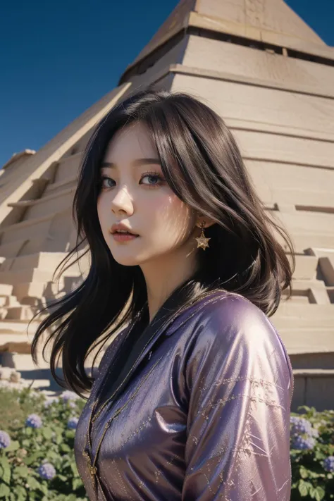 1girl, (designed by Yoann Lossel:1.0) , grand Oil painting, K-pop, (dark pink theme:0.7) , 3/4 view of a Geeky Terrifying traditional Ukrainian ([The Pyramids of Teotihuacan|Hydrangea]:1.3) , it is engraved with Metal and dark violet details, it is made from Big Dipper, Controversial field in background, lush flora and Star in background, Smoky Conditions, deep focus, Hopeful, Cold Lighting, Low shutter, Cinestill, nightmare fuel, Embossing, Best quality, photolab
