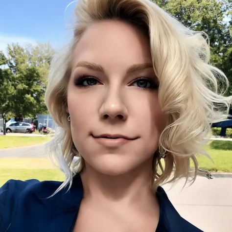 <lora:CourtneyMiller:1>, 1girl, Courtney Miller, solo, blonde hair, realistic, lips, looking at viewer, blouse, upper body, jewelry, outdoors, face close up