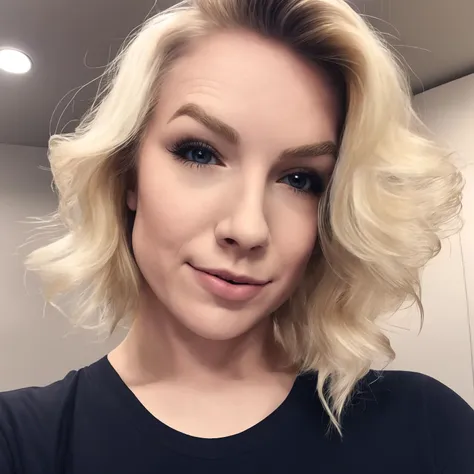 <lora:CourtneyMiller:1>, 1girl, Courtney Miller, solo, blonde hair, realistic, lips, looking at viewer, shirt, upper body, jewelry, face close up, inside