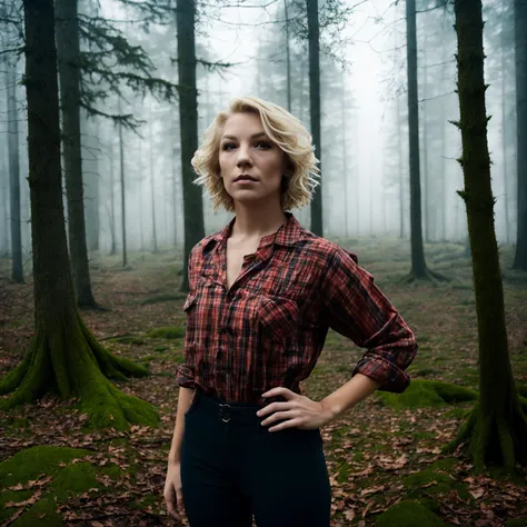 <lora:CourtneyMiller:1>, 1girl, Courtney Miller, solo, blonde hair, realistic, thinking, looking at viewer, collared shirt, upper body, jewelry, spooky forest background, <lora:Spooky_Forest_background_v1:0.5>