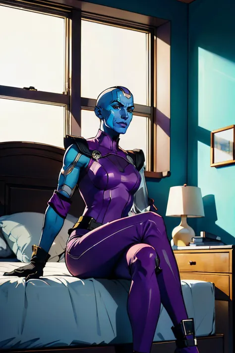 nebula, colored skin, blue skin, black eyes, bald, cyborg, left mechanical arm,purple bodysuit, pants, sleeveless, black gloves, looking serious, smirk, sitting, large bed, legs crossed, inside apartment bedroom, window, dusk, high quality, masterpiece, <lora:nebula-10MGG:.7>