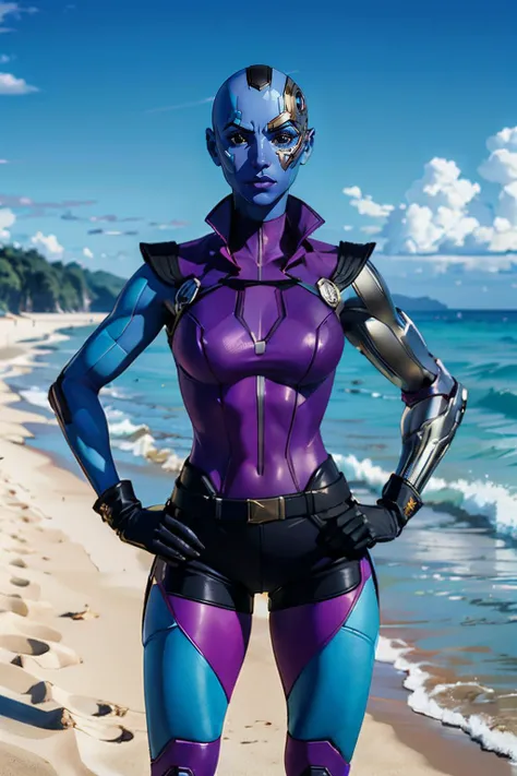 nebula, colored skin, blue skin, black eyes, bald, cyborg, left mechanical arm,purple bodysuit, shorts, sleeveless, black gloves, looking at viewer, serious, medium shot, standing, hands on hips, outside, beach, ocean, blue sky, high quality, masterpiece, <lora:nebula-10MGG:.7>
