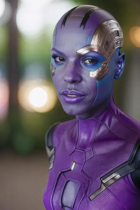 <lora:nebula-10MGG:1> nebula, single mechanical arm, colored skin, black eyes, bald, female cyborg, portrait, cinematic, highly detailed, science fiction, alien, purple bodysuit, belt, sharp, in focus, bokeh,