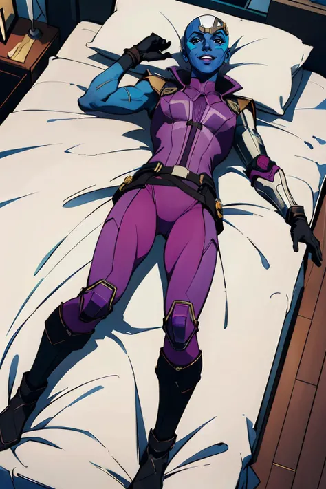 (Extremely detailed CG), (Highest quality), 1 girl, Perfect Face, Glowing Skin, Glowing Skin, Wide Hips,Tight waist, solo 1 girl papillion auger, , Cape, armor, belt, Bodysuits, purple Cape, purple Bodysuits, gloves, buckle, Black Hair, The left side of the hair is hanging over one eye ,, Purple eyes, Expressionless, Long Hair,lying on bed, indoor,Full Body Shot,
