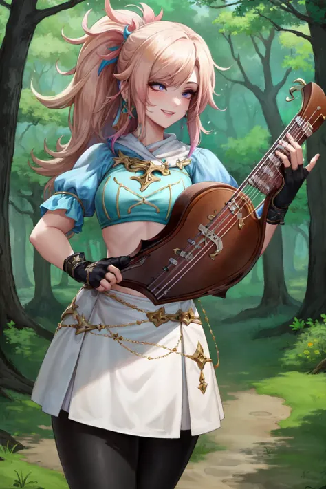 (masterpiece:1.2), (best quality:1.2), perfect eyes, perfect face, perfect lighting, 1girl, mature female bard in a forest playing music, harp, musical instrument, smiling, medium hair, intricate hairdo, brd_glam, blue leather bustier, fingerless gloves, white skirt, hair ornament, detailed background, makeup, eyeshadow, thick eyelashes, fantasy <lora:bardFashion_v10:1>