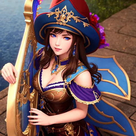 <lora:Brd_Glam:0.65>, Masterpiece, high quality, 4K, beautiful design, shiny, from above, top angle, (redshift style:1.1), (analog style:1.1), sexy, realistic, photo shoot, professional, high contrast, brown haired woman,[Dua Lipa|Lana Rhoades], 1girl, solo, expressive look,smiling, (puffy lips:1.155) HDR, highest quality, sharp focus, looking at viewer, facing viewer, 8k, blue eyes, BRD_Glam, woman wearing BRD_Glam,  a hat with frills, playing the harp, glossy bimbo