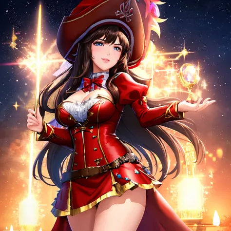 <lora:Brd_Glam:0.725>, Masterpiece, high quality, 4K, beautiful design, shiny, (redshift style:1.1), (analog style:1.1), sexy, realistic, photo shoot, professional, high contrast, brown haired woman,([Dua Lipa|Salma Hayek:1.125)], 1girl, solo, expressive look,smiling, (puffy lips:1.155) HDR, highest quality, sharp focus, looking at viewer, facing viewer, 8k, blue eyes, BRD_Glam, (woman wearing BRD_Glam, a red dress with frills and superb golden embroidery, a hat,:1.135), glossy bimbo, full body