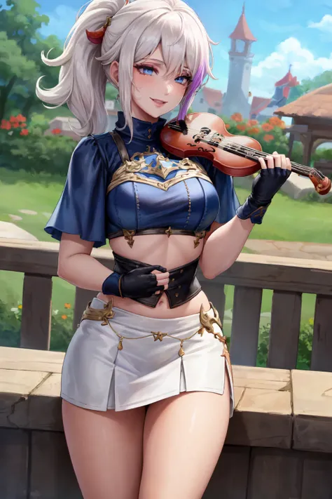(masterpiece:1.2), (best quality:1.2), perfect eyes, perfect face, perfect lighting, 1girl, mature female bard in a town plaza playing music, crowd, harp, musical instrument, smiling, medium hair, intricate hairdo, brd_glam, blue leather bustier, fingerless gloves, white skirt, hair ornament, detailed background, makeup, eyeshadow, thick eyelashes, fantasy <lora:bardFashion_v10:1>