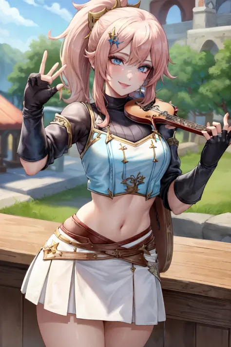 (masterpiece:1.2), (best quality:1.2), perfect eyes, perfect face, perfect lighting, 1girl, mature female bard in a town plaza playing music, crowd, harp, musical instrument, smiling, medium hair, intricate hairdo, brd_glam, blue leather bustier, fingerless gloves, white skirt, hair ornament, detailed background, makeup, eyeshadow, thick eyelashes, fantasy <lora:bardFashion_v10:1>