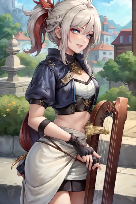 (masterpiece:1.2), (best quality:1.2), perfect eyes, perfect face, perfect lighting, 1girl, mature female bard in a town plaza playing music, crowd, harp, musical instrument, smiling, medium hair, intricate hairdo, brd_glam, blue leather bustier, fingerless gloves, white skirt, hair ornament, detailed background, makeup, eyeshadow, thick eyelashes, fantasy <lora:bardFashion_v10:1>