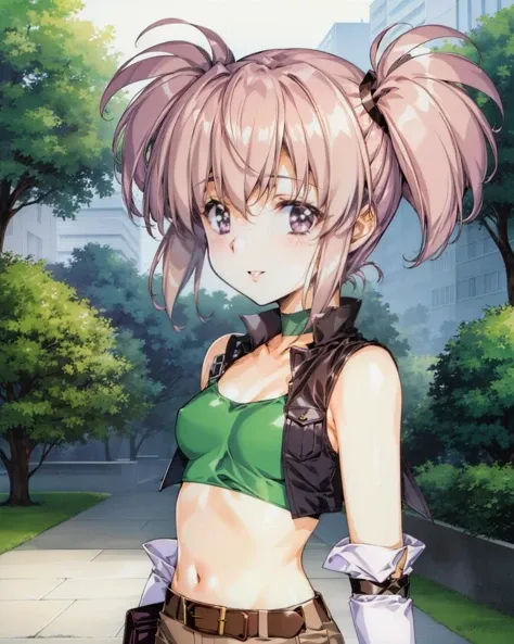 (masterpiece, best quality:1.2),illustration,medium breasts,8k,hd,1girl,solo,upper body,(portrait:1.2),twintails,brown shorts,midriff,navel,crop top,smile,belt,short shorts,tank top,green eyes,pink hair,vest,gloves,green shirt,knee pads,pouch,boots,brown footwear,socks,open clothes,<lora:Nadia Cassel:0.8>, park, walkway, tree, grass, parted lips, reaching out, v <lora:urushisato_v15:1.5> urushisato, ova, background