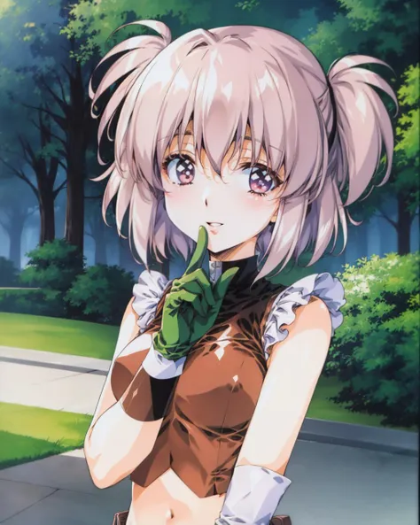 (masterpiece, best quality:1.2),illustration,medium breasts,8k,hd,1girl,solo,upper body,(portrait:1.2),twintails,brown shorts,midriff,navel,crop top,smile,belt,short shorts,tank top,green eyes,pink hair,vest,gloves,green shirt,knee pads,pouch,boots,brown footwear,socks,open clothes,<lora:Nadia Cassel:0.8>, park, walkway, tree, grass, parted lips, hand on own head, <lora:urushisato_v15:1.5> urushisato, ova, background, anime screencap,