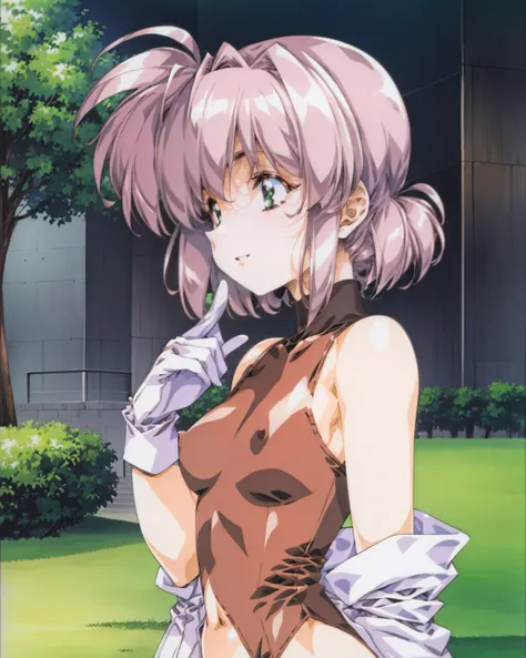 (masterpiece, best quality:1.2),illustration,medium breasts,8k,hd,1girl,solo,upper body,(portrait:1.2),twintails,brown shorts,midriff,navel,crop top,smile,belt,short shorts,tank top,green eyes,pink hair,vest,gloves,green shirt,knee pads,pouch,boots,brown footwear,socks,open clothes,<lora:Nadia Cassel:0.8>, park, walkway, tree, grass, skin tight, hand on own chin,   <lora:urushisato_v15:2> urushisato, ova, background, anime screencap,