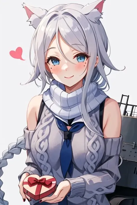 best quality, masterpiece, highres, solo, {umikaze_kantaicollection:1.15}, long_hair, blue_eyes, braid, single_braid, grey_hair, bangs, mole, mole_under_eye, very_long_hair, parted_bangs, breasts, blush, serafuku, sleeveless, smile, white_hair, hair_tie, hair_flaps, 1girl, animal_ears, box, cat_ears, gift, gift_box, heart-shaped_box, nail_polish, scarf, sweater, upper_body, valentine, heart, ribbed_sweater, sleeves_past_wrists, white_sweater, simple_background, white_background