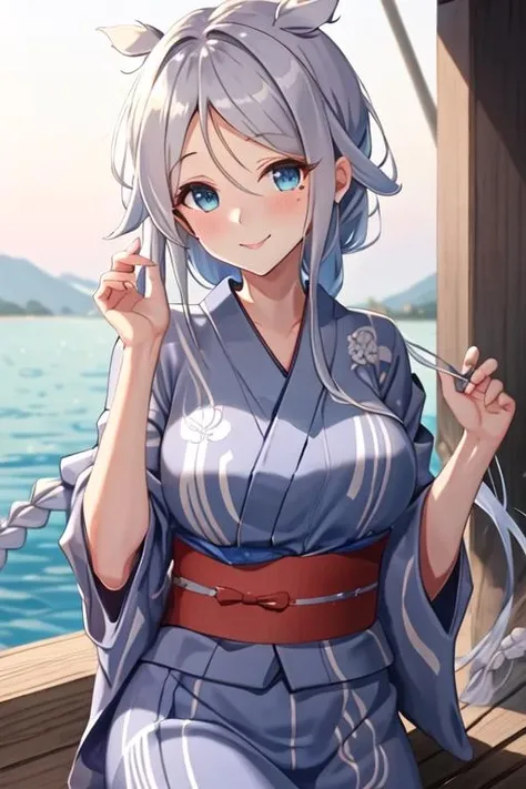 best quality, masterpiece, highres, solo, {yukata:1.40}, {kimono:1.20}, {umikaze_kantaicollection:1.15}, long_hair, blue_eyes, braid, single_braid, grey_hair, bangs, mole, mole_under_eye, very_long_hair, parted_bangs, breasts, blush, serafuku, sleeveless, smile, white_hair, hair_tie, hair_flaps