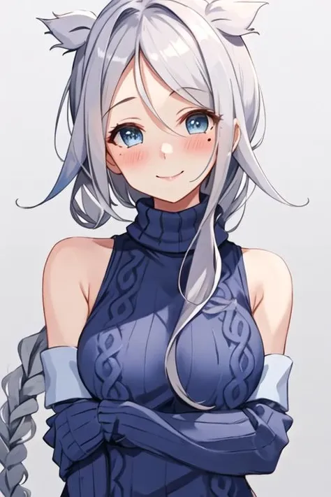 score_9, score_8_up, score_7_up, score_6_up, score_5_up, score_4_up, source_anime, 1woman,shenhedef, cute face, lower body, middle breasts, braids, worth, smile, gray hair, hairpins, blue eyes, long hair, dark blue shirt, black pants, crossed arms, wall, room, looking at the viewer, best quality, best res, 4K UHD,