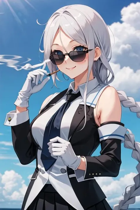 Best quality, masterpiece, A high resolution, One, {Belfast_azure stripe:0.90}, {black business suit:1.40}, {tie:1.20}, {sunglasses:1.25}, {White gloves:1.15}, {White shirt:1.10}, {black skirt:1.15}, {smoking:1.20}, Beautiful
